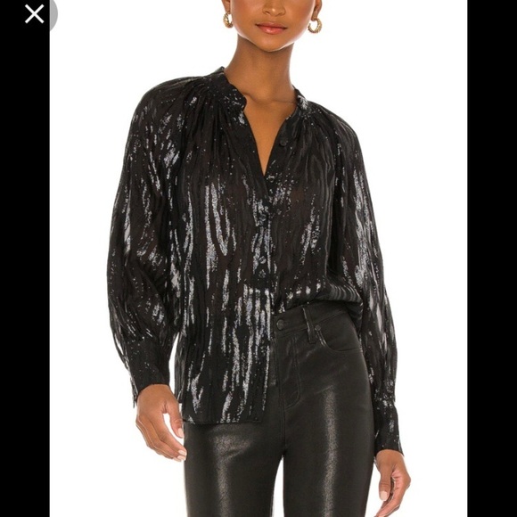 Rebecca Taylor Revolve Shirt Safari Metallic Ruffle Silk Blouse in Black - Picture 1 of 13
